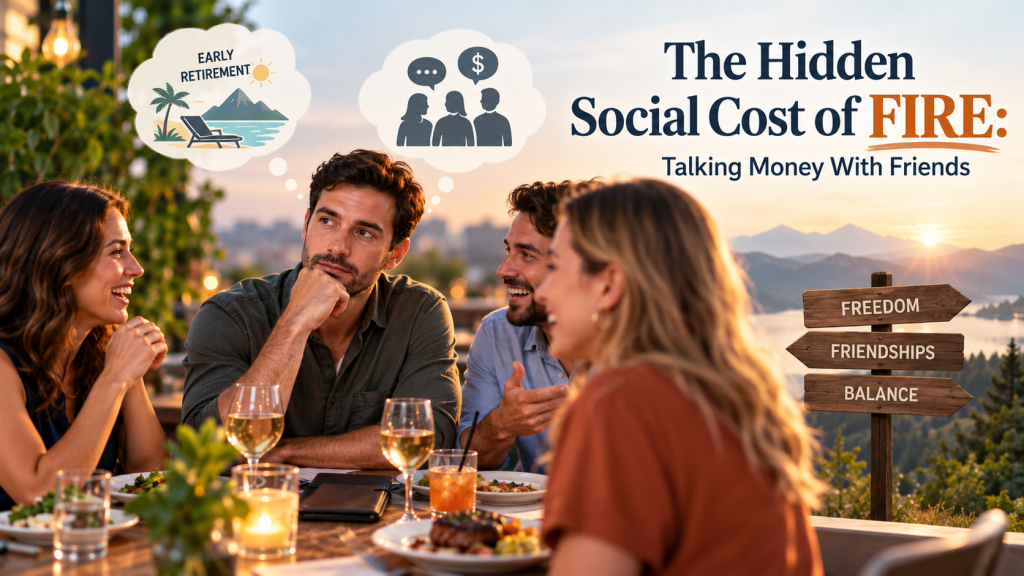 Friends having dinner while discussing money, FIRE, and early retirement