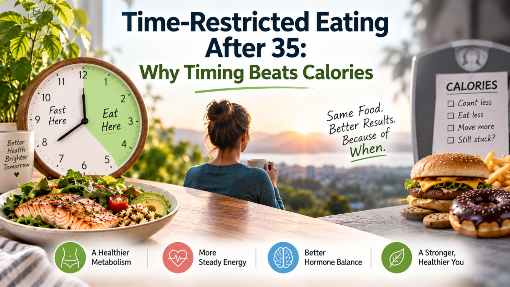 Time-restricted eating after 35, showing a clock, healthy meal, and calorie-counting scale to illustrate why meal timing matters.