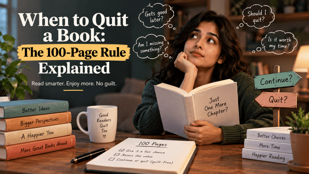 A woman sits with an open book in a cozy reading nook, considering whether to continue or quit. Stacks of books, a mug, and a checklist marked “100 Pages” surround her, while the image headline reads “When to Quit a Book: The 100-Page Rule Explained”.