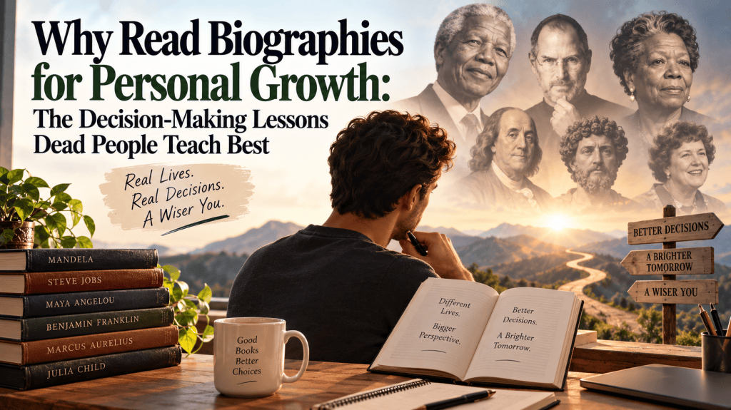 Reader studying biographies and learning decision-making lessons for personal growth.
