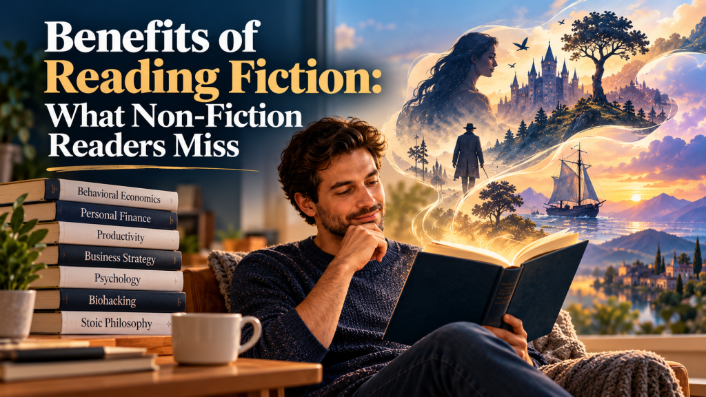 Man reading fiction as an imaginative story world emerges from his book