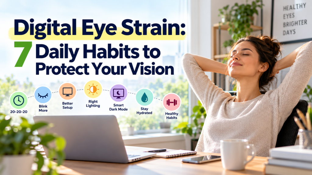 Digital eye strain graphic showing 7 daily habits to protect vision at a desk. 
