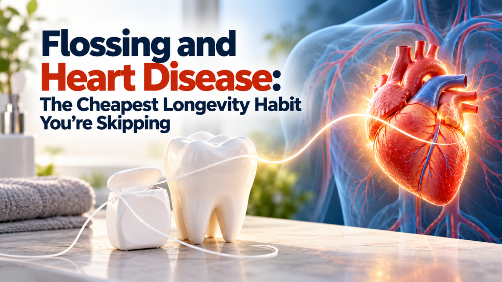 A dental floss container and white tooth are connected by a glowing line to a detailed anatomical heart against a translucent human chest with visible blood vessels, illustrating the link between oral hygiene, gum health, and cardiovascular health.