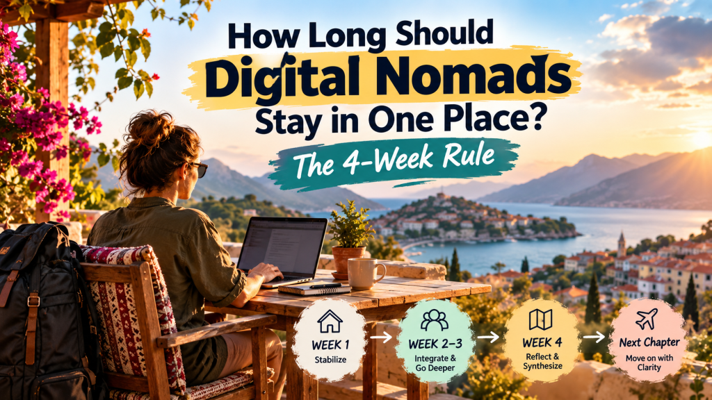 Digital nomad working on a laptop at a seaside café overlooking a coastal town and mountains, with a four-week travel timeline illustrating stabilization, deeper local connections, reflection, and moving on with clarity.