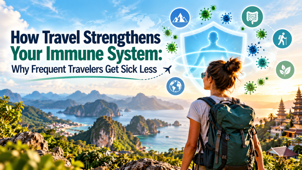 Hero image illustrating how travel may strengthen the immune system, featuring a backpacker overlooking a tropical mountain-and-coast landscape, surrounded by immune-defense, microbiome, movement, and global-travel icons.