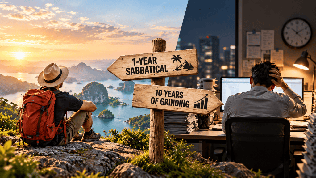 A split-scene image contrasting a one-year sabbatical in a scenic coastal landscape with ten years of stressful office work, symbolizing the choice between taking a mini-retirement and continuing the traditional FIRE grind.
